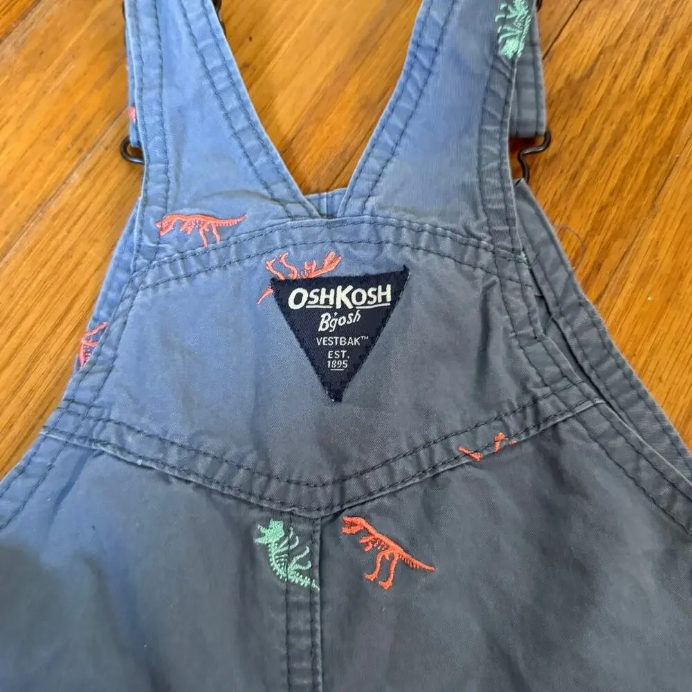 OshKosh B’gosh 24M Dinosaur Embroidered Toddler Boys Blue Cotton Overalls